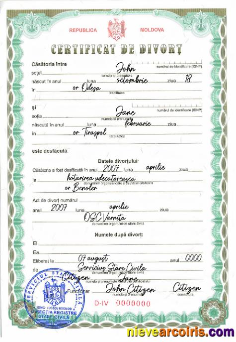 Moldova vital record divorce certificate